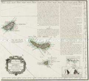 Carta Reducida y General de las Islas de los Azores. Mit sieben Ansichten und drei Nebenkarten: Costa meridional de la Isla de San Miguel; Fayal; Costa meridional de la Isla Tereca