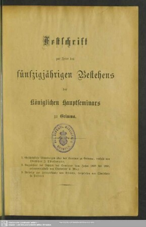 Festschrift zur Feier des fünfzigjährigen Bestehens des Königlichen Hauptseminars zu Grimma