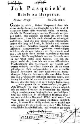 Briefe an Hesperus : [Brief 1 - 12 aus den Jahren 1821 - 1823]