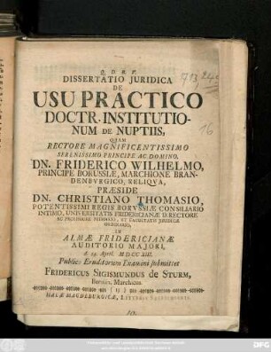 Dissertatio Juridica De Usu Practico Doctr. Institutionum De Nuptiis