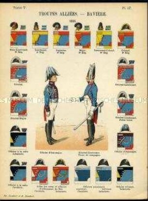 Uniformdarstellung, Generalstabs-Offizier und General-Leutnant der Alliierten Bayerischen Infanterie- und Kavallerie-Regimenter, Detailstudien von Kopfbedeckungen und Abzeichen der Alliierten Bayerischen Infanterie und Kavallerie, Erstes Kaiserreich Frankreich, 1806.