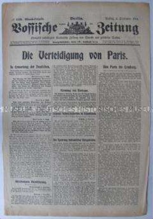 Titelblatt der Tageszeitung "Vossische Zeitung" zur Kriegslage um Paris