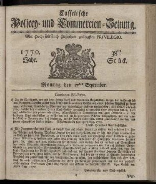 38tes Stueck, Montag den 17ten September. 1770