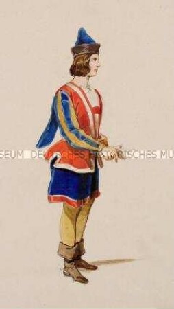 Mann in blauer kurzer Hose und roter Weste, ein Dokument überbringend - Tafel aus Franceschini/Kostümbilder (Kassette 2)