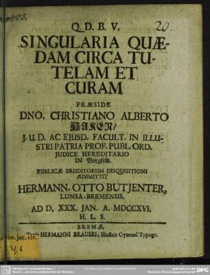 Singularia Quaedam Circa Tutelam Et Curam
