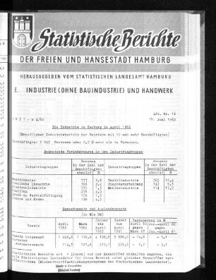 Die Industrie in Hamburg im April 1962 : Lfd. Nr. 12