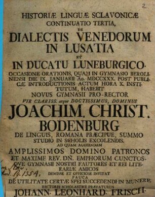Historiae linguae Sclavonicae continuatio tertia, de dialectis Venedorum in Lusatia, et in ducatu Luneburgico