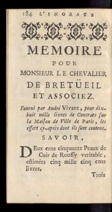 Memoire Pour Monsieur Le Chevalier De Bretueil Et Associez