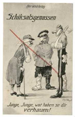 Der Weltkrieg, o.Nr.: Schicksalsgenossen ... (Franzose, Russe und Engländer mit Verbänden) (verboten)