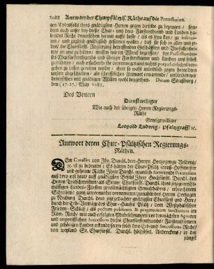 Antwort deren Chur-Pfältzischen Regierungs-Räthen