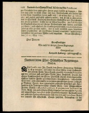 Antwort deren Chur-Pfältzischen Regierungs-Räthen