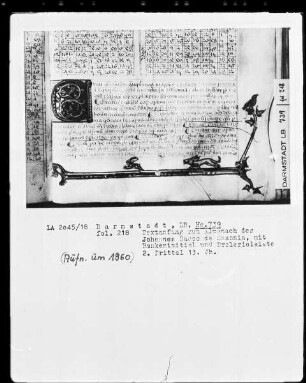 Naturwissenschaftlich-grammatikalischer Sammelband — Johannes Dauco de Saxonia, Almanach — Initiale und Drolerieleiste, Folio 218recto