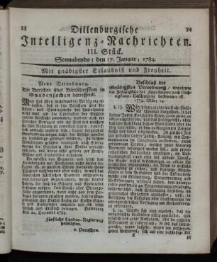 III. Stück. Sonnabends: den 17. Januar, 1784.