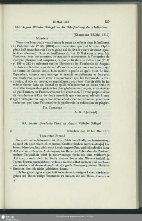 August Wilhelm von Schlegel an die Schriftleitung des "Publiciste", Chaumont, 18.05.1810