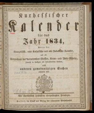 Kurhessischer Kalender 1834