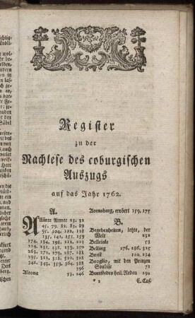 Register zu der Nachlese des coburgischen Auszugs auf das Jahr 1762.