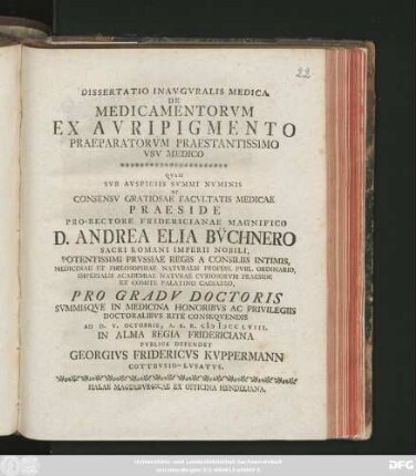 Dissertatio Inavgvralis Medica De Medicamentorvm Ex Avripigmento Praeparatorvm Praestantissimo Vsv Medico