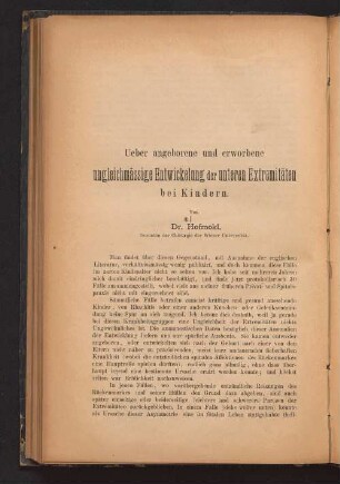 Ueber angeborene und erworbene ungleichmässige Entwickelung der unteren Extremitäten bei Kindern