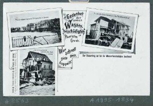 Hilfspostkarte für die vom Hochwasser am 30./31. 7. 1897 Geschädigten mit drei Abbildungen zerstörter Gebäude