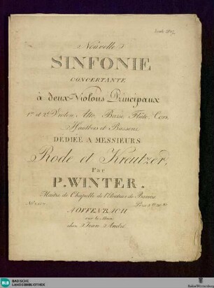 Nouvelle sinfonie concertante : à deux violons principaux, 1er et 2d violon, alto, basse, flute, cors, hautbois et bassons