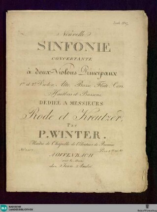 Nouvelle sinfonie concertante : à deux violons principaux, 1er et 2d violon, alto, basse, flute, cors, hautbois et bassons