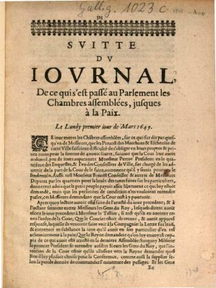 Suitte Du Journal De ce qui s'est passé au Parlement les Chambres assemblées, jusques à la Paix : Le Lundy premier jour de Mars 1649