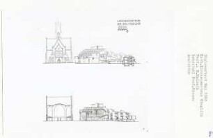 Katholisches Kirchenzentrum, Berlin-Steglitz (Diplomarbeit bei Willy Kreuer): Ansichten von Nordwesten, Westen und Schnitt 1:200