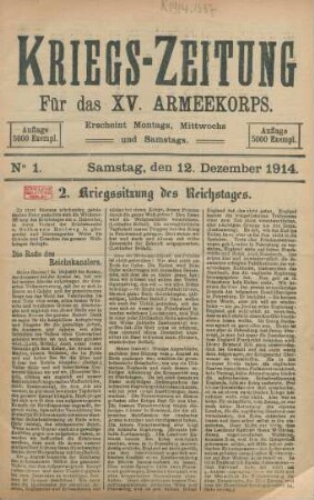 1914: Kriegs-Zeitung für das XV. Armee-Korps