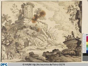 Landschaft mit Turmruine und Wanderern