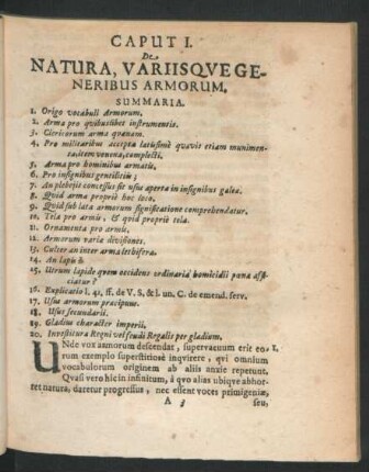 Caput I. De Natura, Variisque Generibus Armorum.