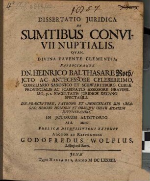 Diss. iur. de sumptibus convivii nuptialis, von Hochzeit- und Beylager-Kosten
