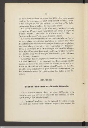 Chapitre V - Section sanitaire et grands blessés