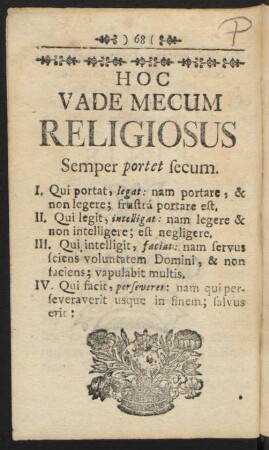 Hoc Vade Mecum Religiosus Semper portet secum.