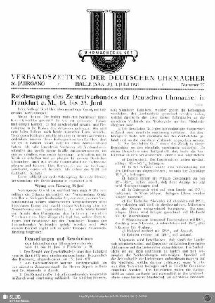 Reichstagung des Zentralverbandes der Deutschen Uhrmacher in Frankfurt a. M., 18. bis 23. Juni