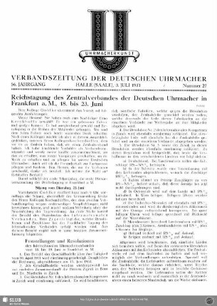 Reichstagung des Zentralverbandes der Deutschen Uhrmacher in Frankfurt a. M., 18. bis 23. Juni