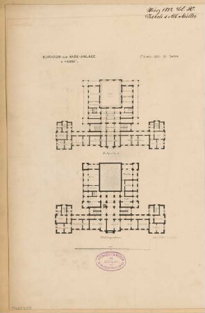 Kurhaus und Badeanlage, Hamm Monatskonkurrenz März 1882: Grundriss Keller, Erdgeschoss des Hauptflügels; Maßstabsleiste