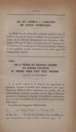 Sur la théorie des équations linéaires aux dérivées partielles du premier ordre d'une seule fonction.