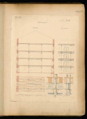 Tragesystem eines Speichers Monatskonkurrenz März 1868: Längsschnitt, Querschnitt, mehrere Tragekonstruktionsdetails; Maßstabsleiste