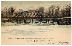 Leipzig: Pleissenpartie (Eisenbahnbrücke u. Wehr am Fluthkanal)