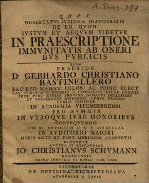 Dissertatio iuridica inauguralis de eo quod iustum et aequum videtur in praescriptione immunitatis ab oneribus publicis