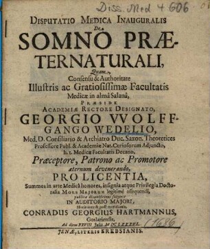 Disputatio Medica Inauguralis De Somno Praeternaturali