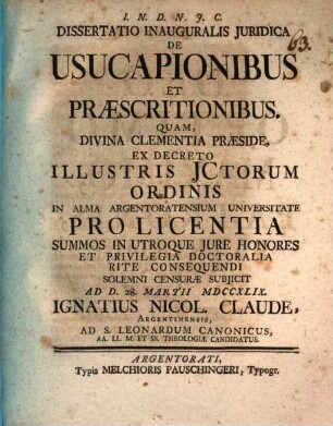Diss. inaug. iur. de usucapionibus et praescriptionibus