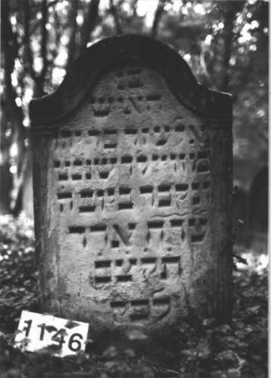 Grabstein 1146 (Index: 99899857) Material: Sandstein Zustand: stark verwittert Maße HxBxT: 98x60x14 cm Beschreibung: Stele mit Konvexbogenabschluss, seitliche Rahmen als kannelierte Säulen gearbeitet: Grabstein 1146