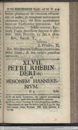 XLVII. Petri Rhebinderi ad Menonem Hannekenium