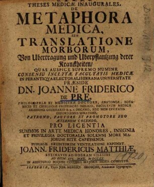 Theses Medicae Inaugurales, De Metaphora Medica, Seu Translatione Morborum : = Von Ubertragung und Uberpflantzung derer Kranckheiten