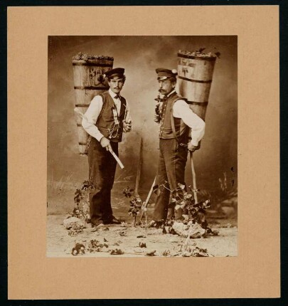 PA 5002, Weinlese: zwei Weingärtner mit Bütte. Foto Sinner.