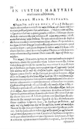In Ivstini Martyris orationem ad Græcos, Annot. Henr. Stephani.