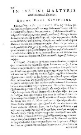 In Ivstini Martyris orationem ad Græcos, Annot. Henr. Stephani.