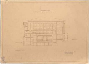 Littmann, Max; Athen (Griechenland); Konservatorium mit großem Konzertsaal und Amphitheater (Odeon) - Längsschnitt m. Querschnitt durch das Amphitheater