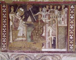 Silvesterlegende — Kaiser Konstantin überreicht Papst Silvester die Tiara ("Konstantinische Schenkung")